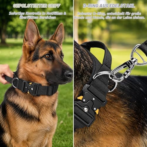 Halsband Hund, Taktisches Hundehalsband Breit Gepolstert mit Griff für Große Mittlere Hunde, Verstellbares Dog Collar Nylon mit Schnellverschluss Metallschnalle (Schwarz, L)|B0GWQ3GD3K