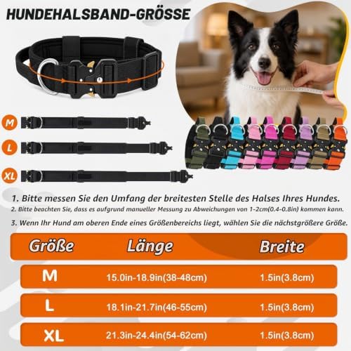 Halsband Hund, Taktisches Hundehalsband Breit Gepolstert mit Griff für Große Mittlere Hunde, Verstellbares Dog Collar Nylon mit Schnellverschluss Metallschnalle (Schwarz, L)|B0GWQ3GD3K