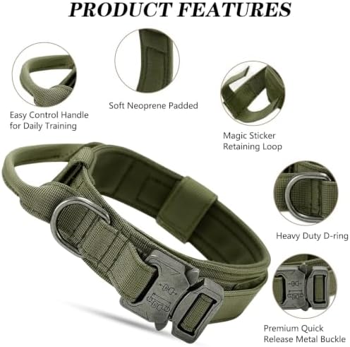Militär-Hundehalsband, Verstellbar mit Kommandogriff, Metallschnalle, Nylon, für Hunde Training Freizeit Outdoor (M, Armeegrün)|B0BLHB1TKZ