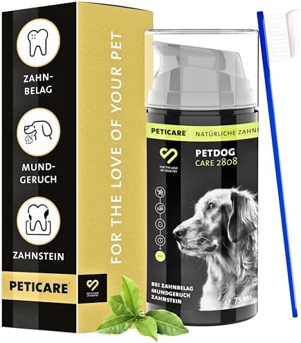 Peticare® Hunde Zahnpasta (75 ml) – Natürliche Hundezahnpasta gegen Zahnstein & Mundgeruch – Sanfte Zahnpflege für Hunde & Welpen aller Rassen – langanhaltende Wirkung – inkl. Zahnbürste|B0D83MQHPG
