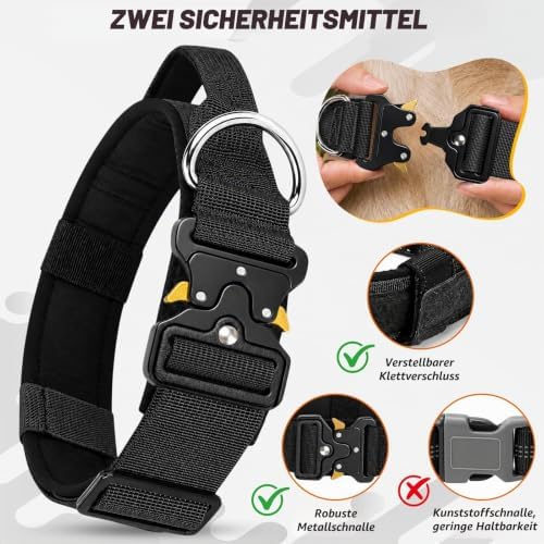 Halsband Hund, Taktisches Hundehalsband Breit Gepolstert mit Griff für Große Mittlere Hunde, Verstellbares Dog Collar Nylon mit Schnellverschluss Metallschnalle (Schwarz, L)|B0GWQ3GD3K